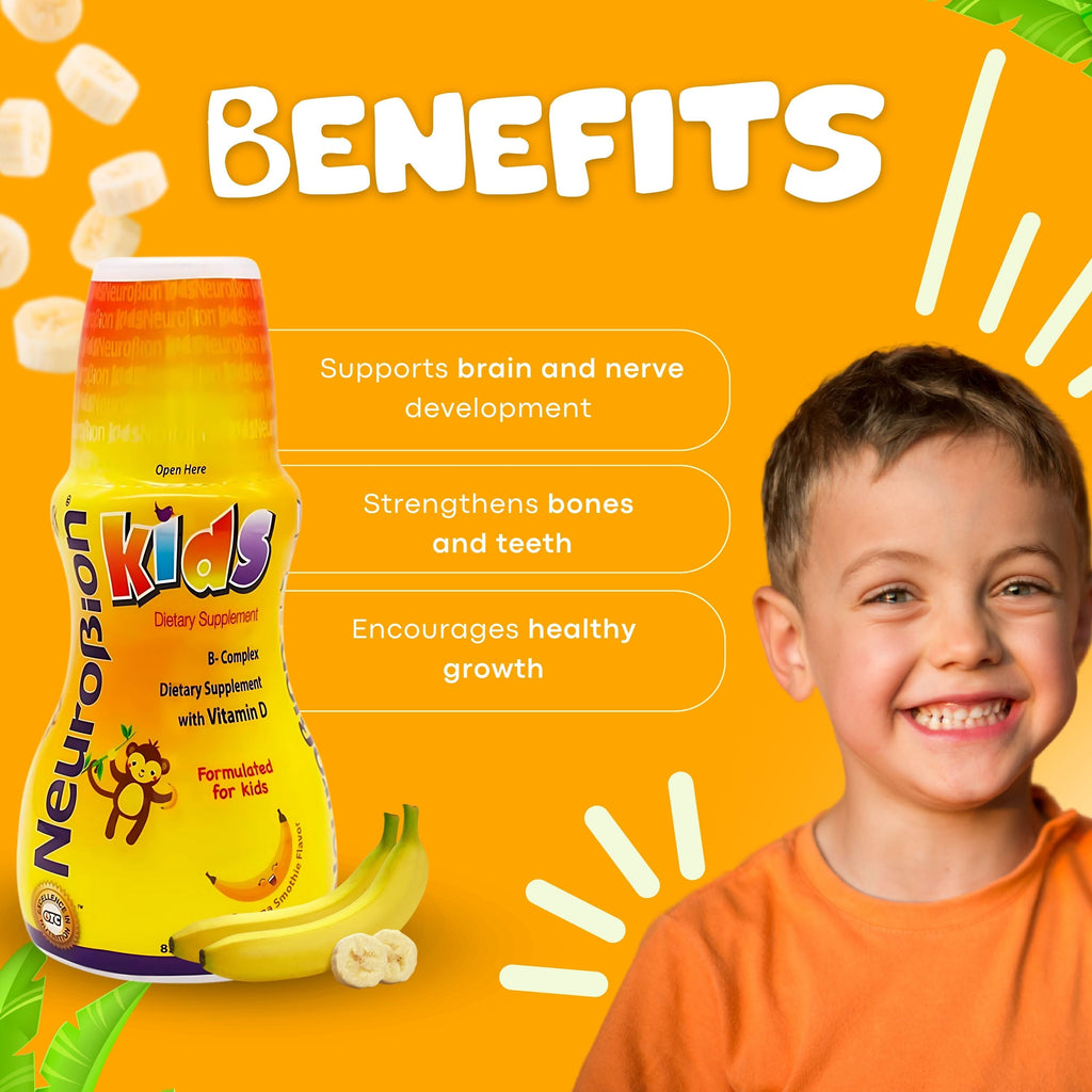 Beneficios de Neurobion Kids líquido: apoya el desarrollo del cerebro y nervios, fortalece huesos y dientes, y promueve crecimiento saludable (kids liquid vitamins).