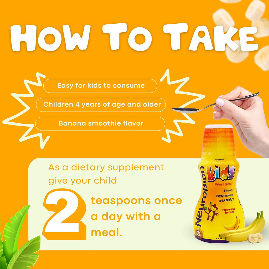 Indicaciones de uso Neurobion Kids: niños de 4 años en adelante, tomar 2 cucharaditas una vez al día con una comida; sabor banana smoothie.