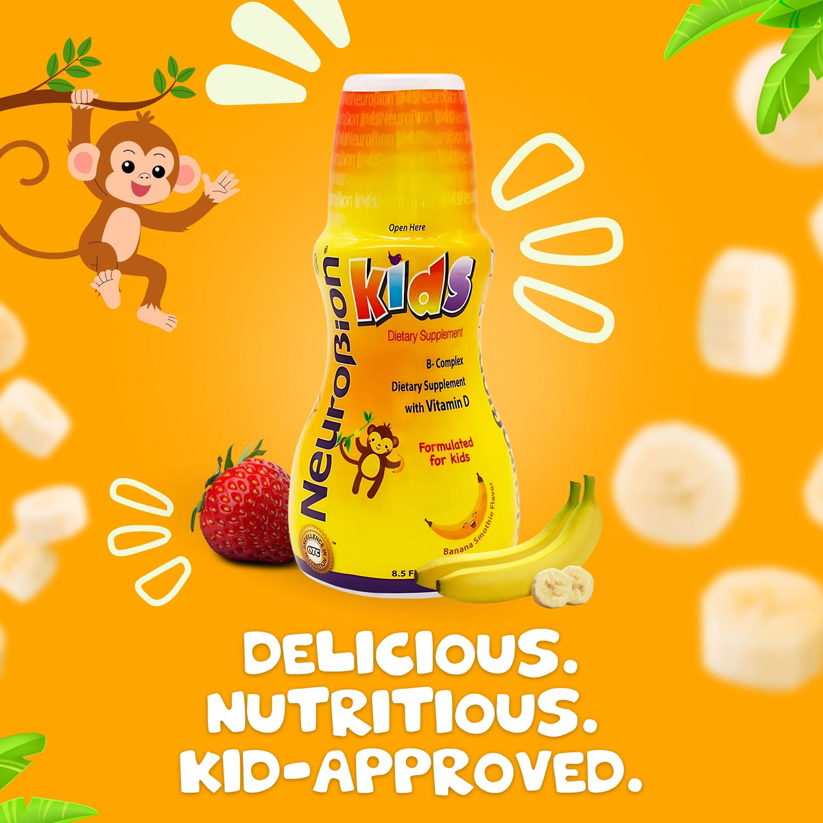 Neurobion Kids líquido B-Complex con vitamina D: delicioso, nutritivo y aprobado por niños; suplemento para niños sabor banana, 8.5 fl oz.