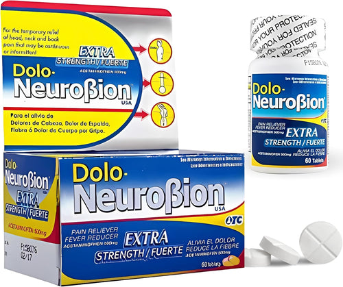 Dolo Neurobion Extra Fuerte 60 tabletas acetaminofén 500 mg – analgésico OTC en USA – Latin Sabor