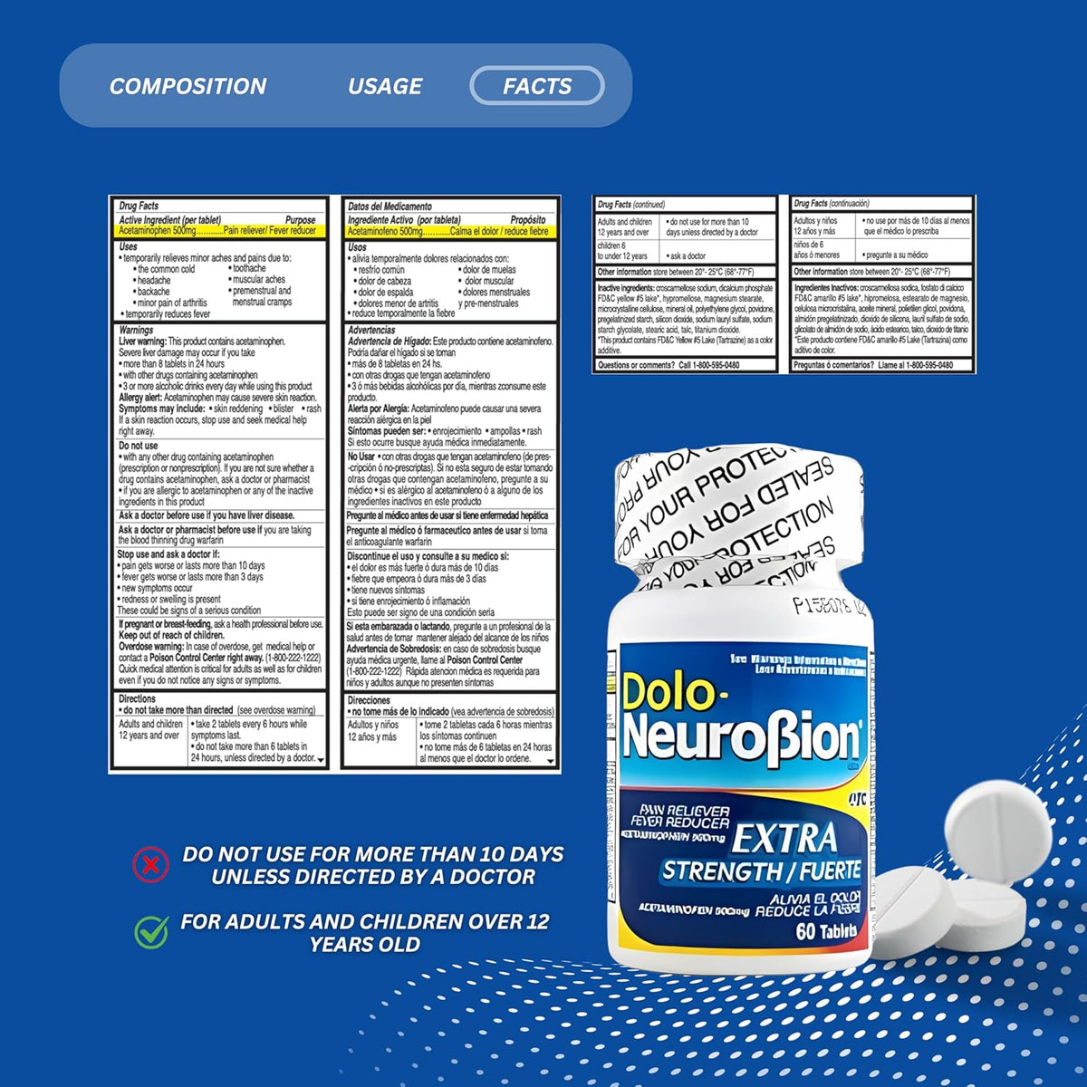 Frasco Dolo Neurobion Extra Fuerte 60 tabletas – extra strength pain reliever acetaminophen 500 mg – USA