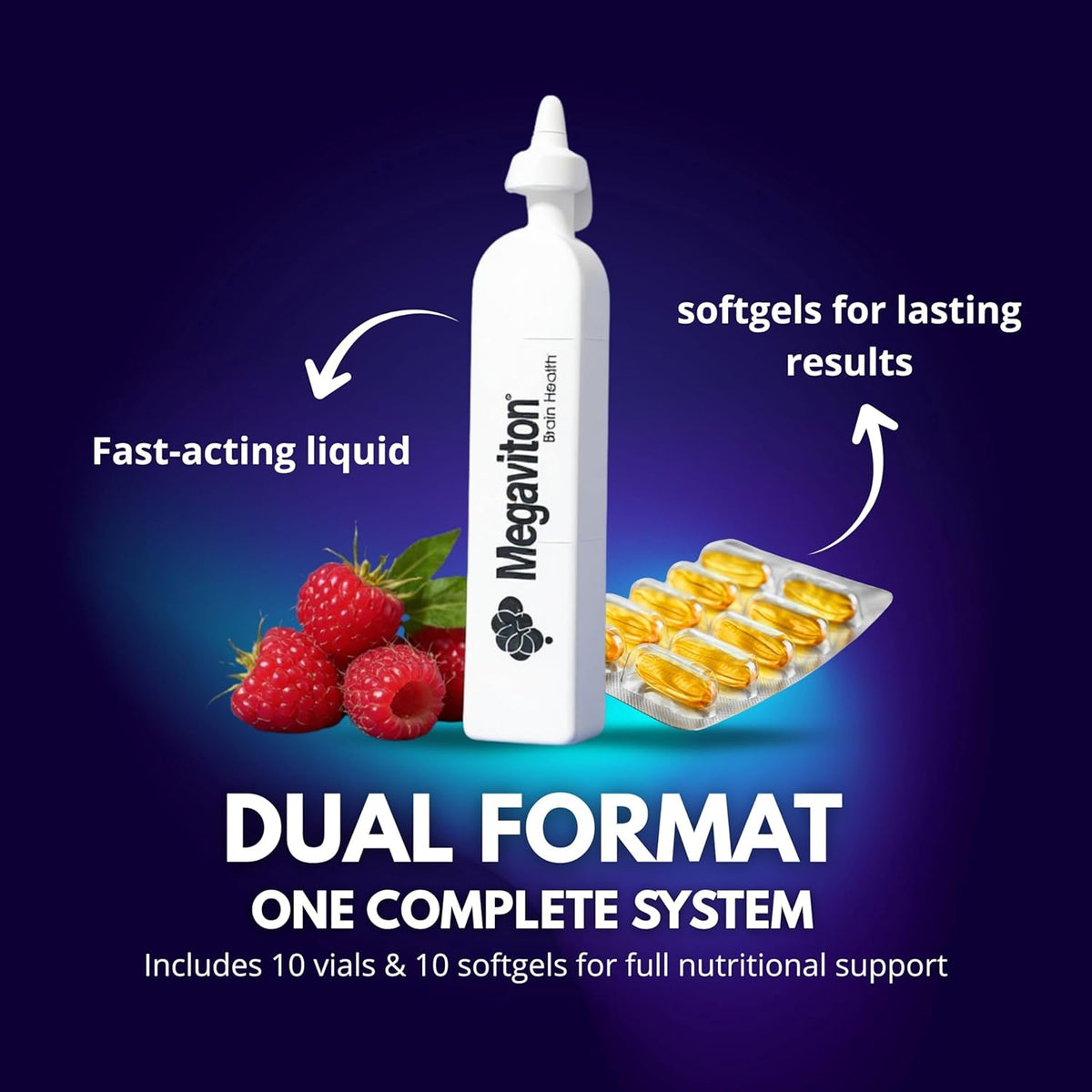 Megaviton Brian Health Complete 3-in-1 Formula in 10 Liquid vials and 20 softgels