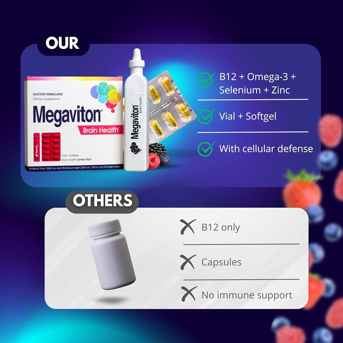 Megaviton Brian Health Complete 3-in-1 Formula in 10 Liquid vials and 20 softgels