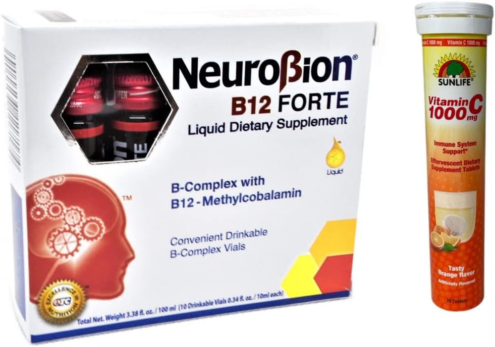 Neurobion B12 Forte Suplementos Dietéticos Líquidos 10 viales + Sunlife Vitamina C 1000 mg Sabor Naranja