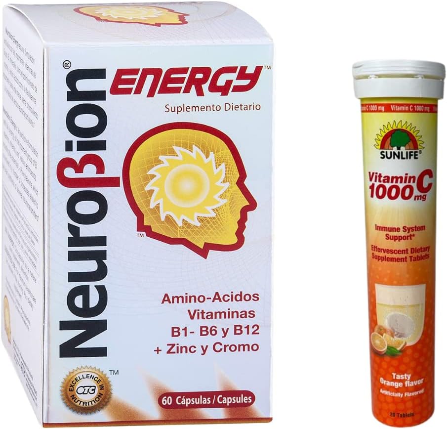 Neurobion Energy Suplemento Dietético Aminoácidos Vitamina 60 Cápsulas + Sunlife Vitamina C 1000 mg Sabor Naranja