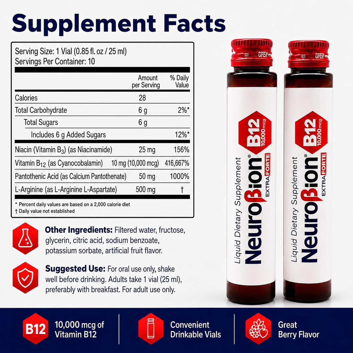 Neurobion B12 Extra Forte 10,000 mcg + L-Arginine | 10 Viales Bebibles x 25 mL (B12 Liquid)