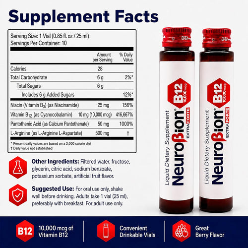 Neurobion B12 Extra Forte 10,000 mcg + L-Arginine | 10 Viales Bebibles x 25 mL (B12 Liquid)