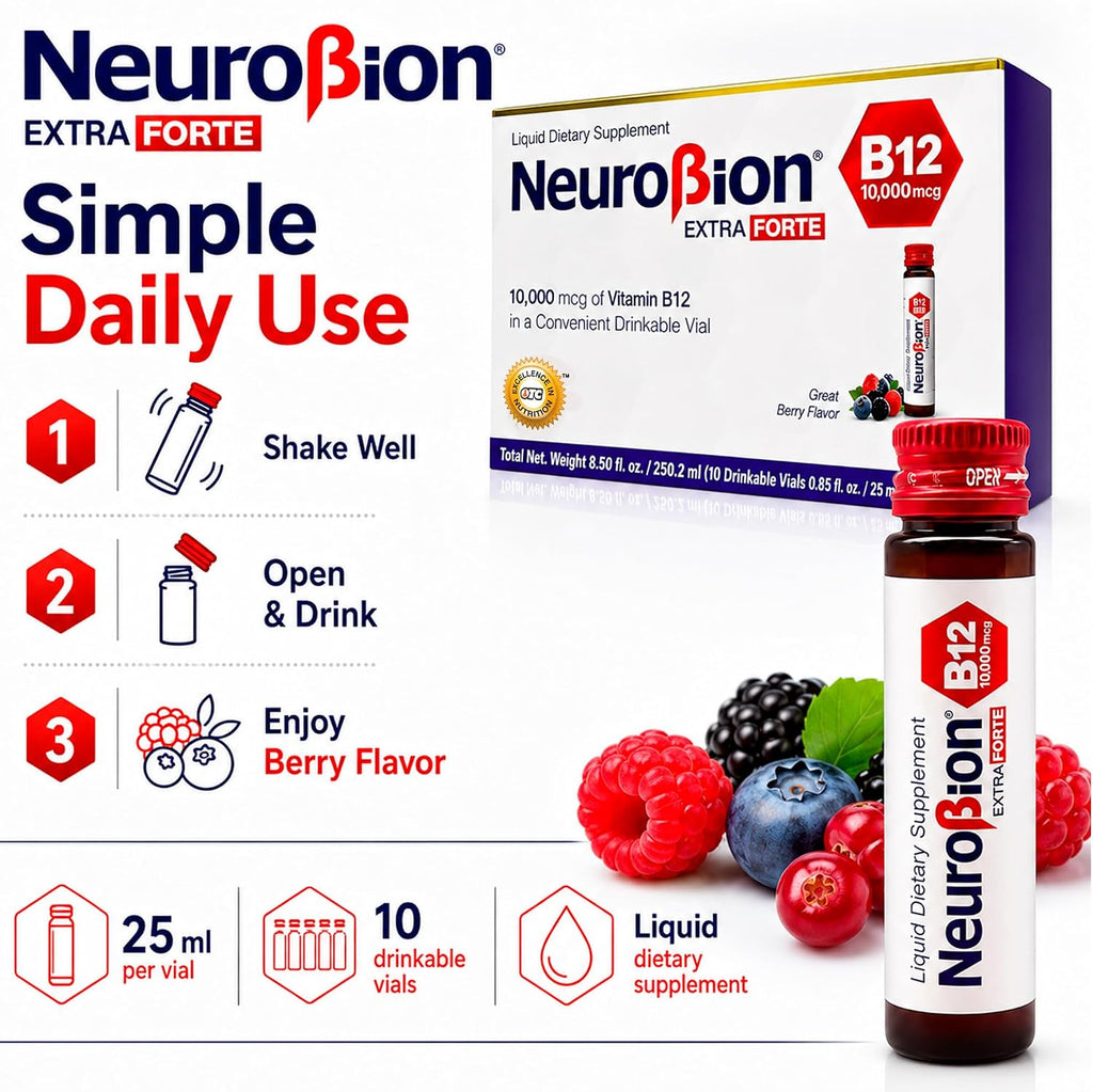 Neurobion B12 Extra Forte 10,000 mcg + L-Arginine | 10 Viales Bebibles x 25 mL (B12 Liquid)