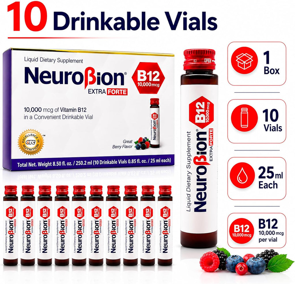 Neurobion B12 Extra Forte 10,000 mcg + L-Arginine | 10 Viales Bebibles x 25 mL (B12 Liquid)