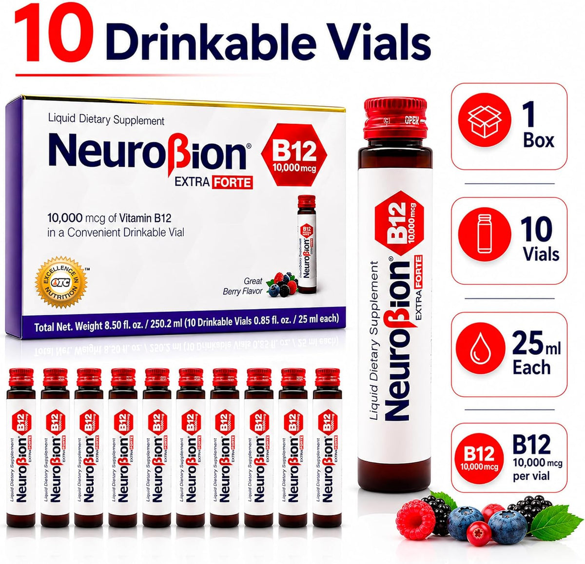 Neurobion B12 Extra Forte 10,000 mcg + L-Arginine | 10 Viales Bebibles x 25 mL (B12 Liquid)
