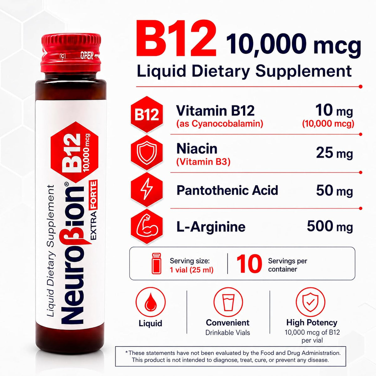 Neurobion B12 Extra Forte 10,000 mcg + L-Arginine | 10 Viales Bebibles x 25 mL (B12 Liquid)