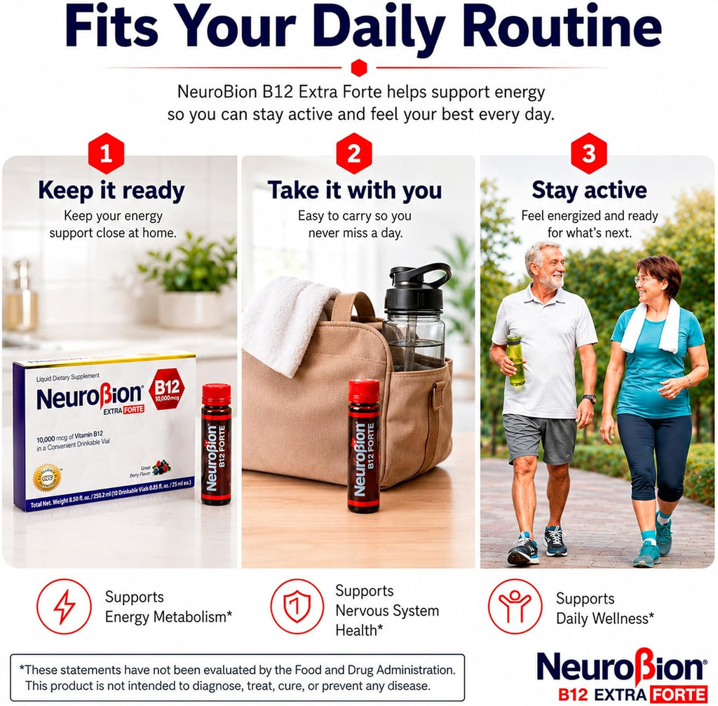 Neurobion B12 Extra Forte 10,000 mcg + L-Arginine | 10 Viales Bebibles x 25 mL (B12 Liquid)