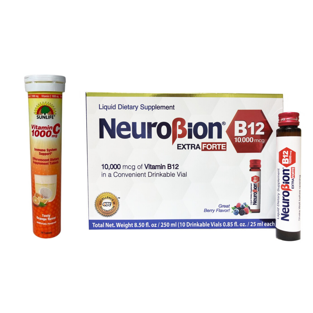Neurobion Extra Forte B12 10,000 mcg 10 Vials + Sunlife Vitamin C 1000 mg 20 Tabletas Sabor a naranja