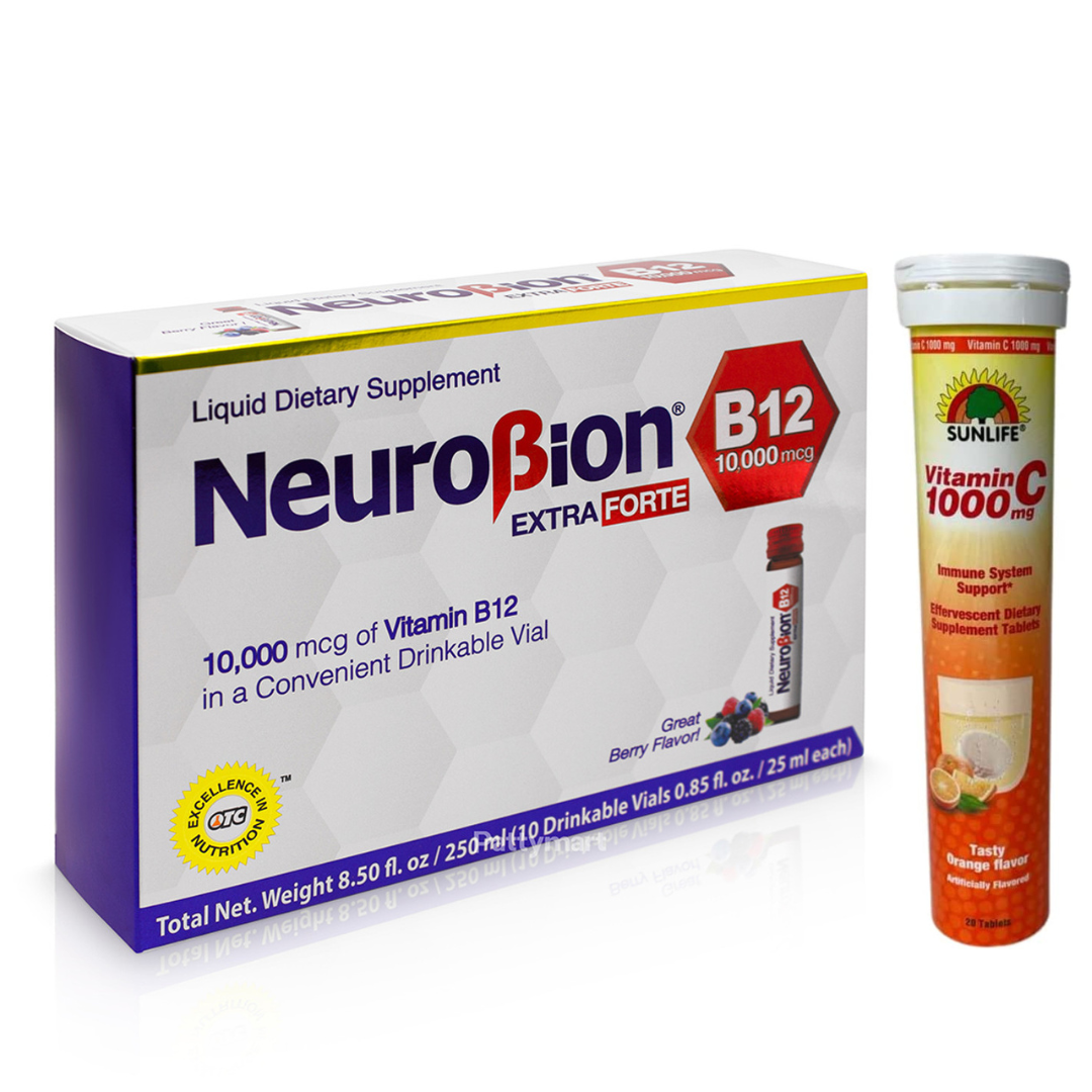 Neurobion Extra Forte B12 10,000 mcg 10 Vials + Sunlife Vitamin C 1000 mg 20 Tabletas Sabor a naranja
