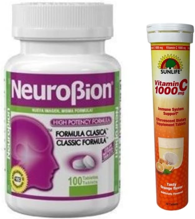 Neurobion Fórmula Clásica de Alta Potencia 100 Comprimidos Suplemento Dietético+ Sunlife Vitamina C 1000 mg 20 Comprimidos