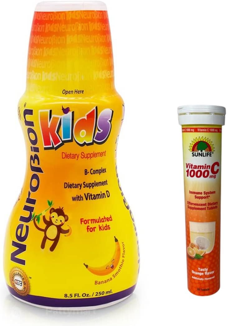 Neurobion Kids B Complex Liquid 8.5 fl oz + Sunlife Vitamina C 1000 mg 20 tabletas Sabor naranja