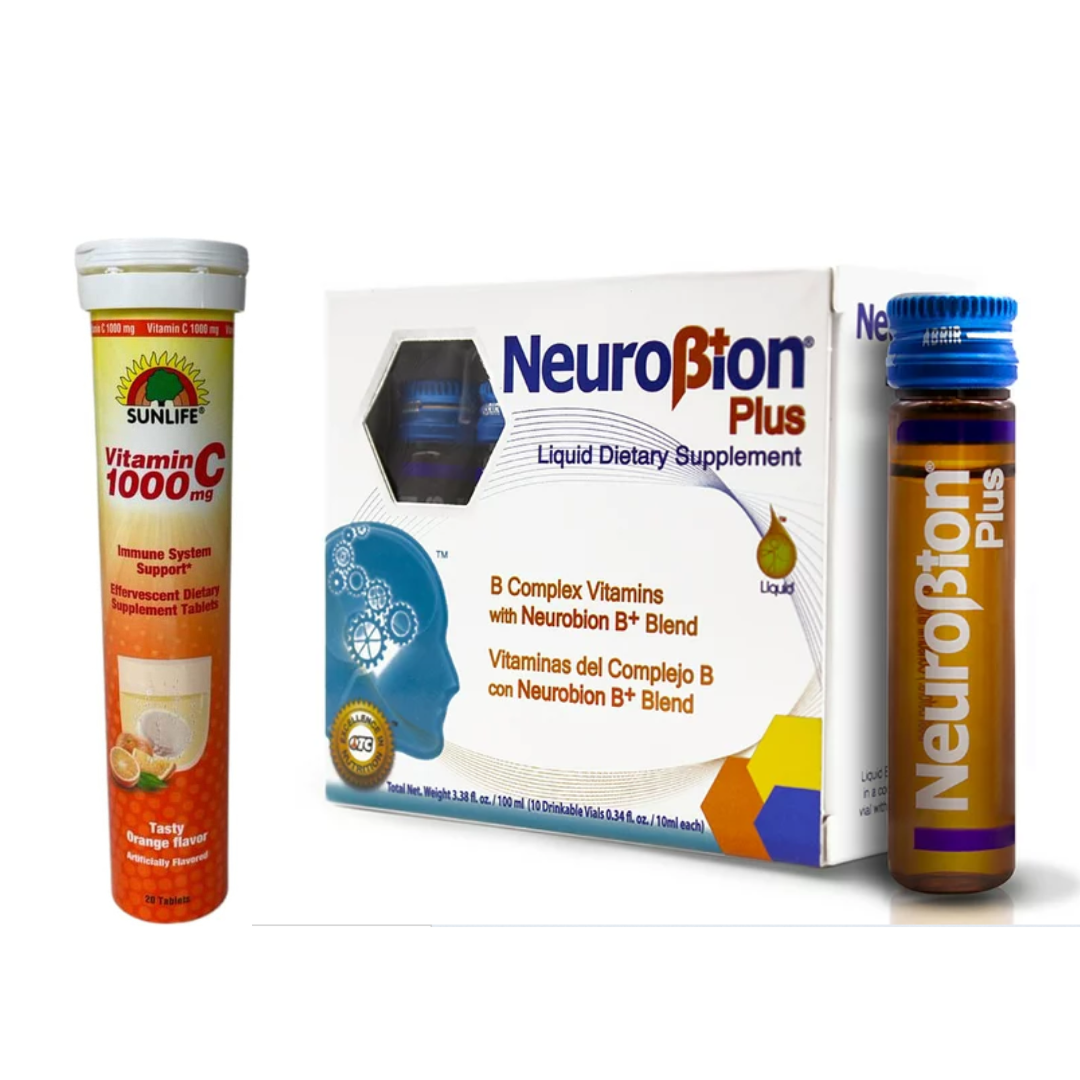 Pack Neurobion Plus Suplemento dietético complejo B 10 Vials + Sunlife Vitamina C 1000 mg 20 tabletas Sabor a naranja
