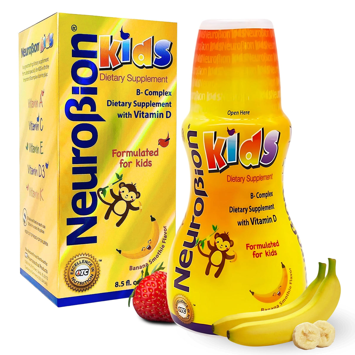 Neurobion Kids suplemento líquido para niños con complejo B (B-Complex) y vitamina D, sabor banana smoothie, botella de 8.5 fl oz con caja.