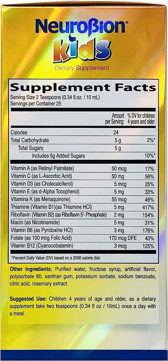 Neurobion Kids multivitamínico: vitaminas A, C, D3, E, K y B12 + complejo B – jarabe infantil – USA