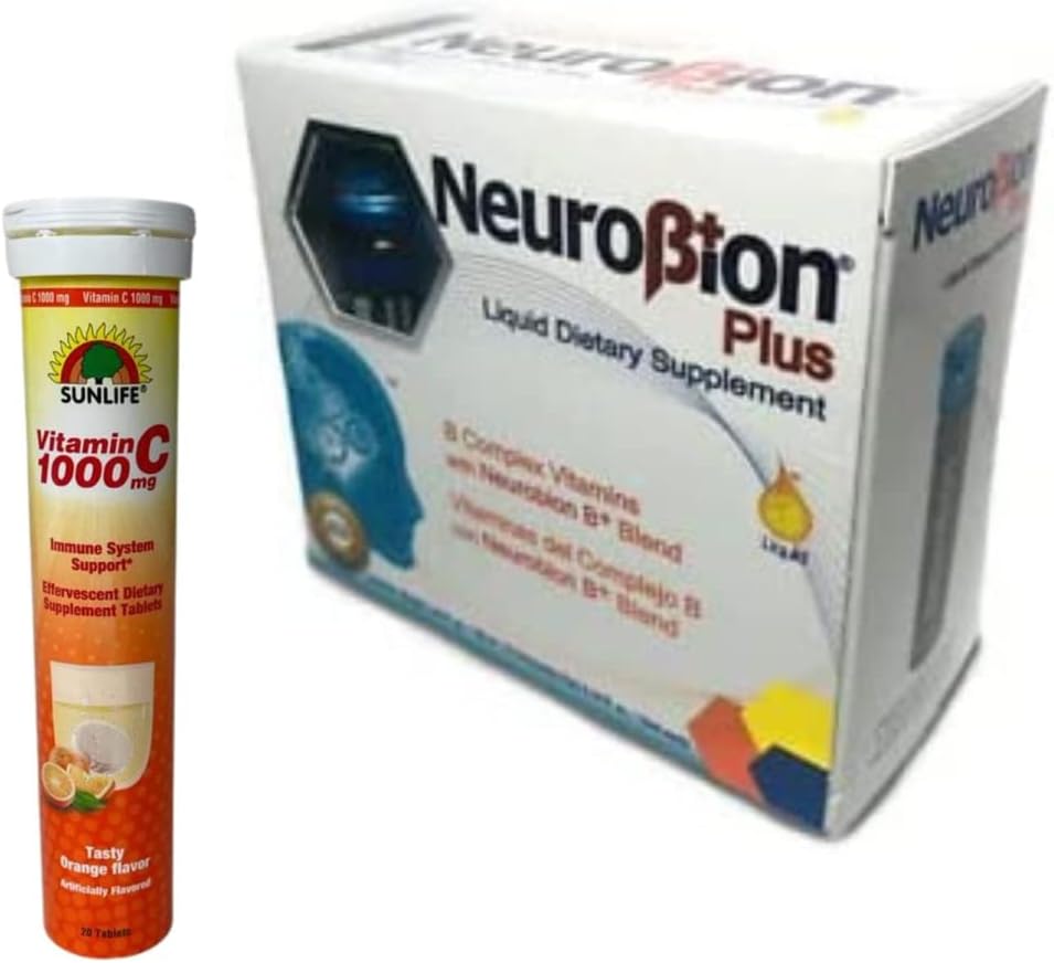 Pack Neurobion Plus Suplemento dietético complejo B 10 Vials + Sunlife Vitamina C 1000 mg 20 tabletas Sabor a naranja