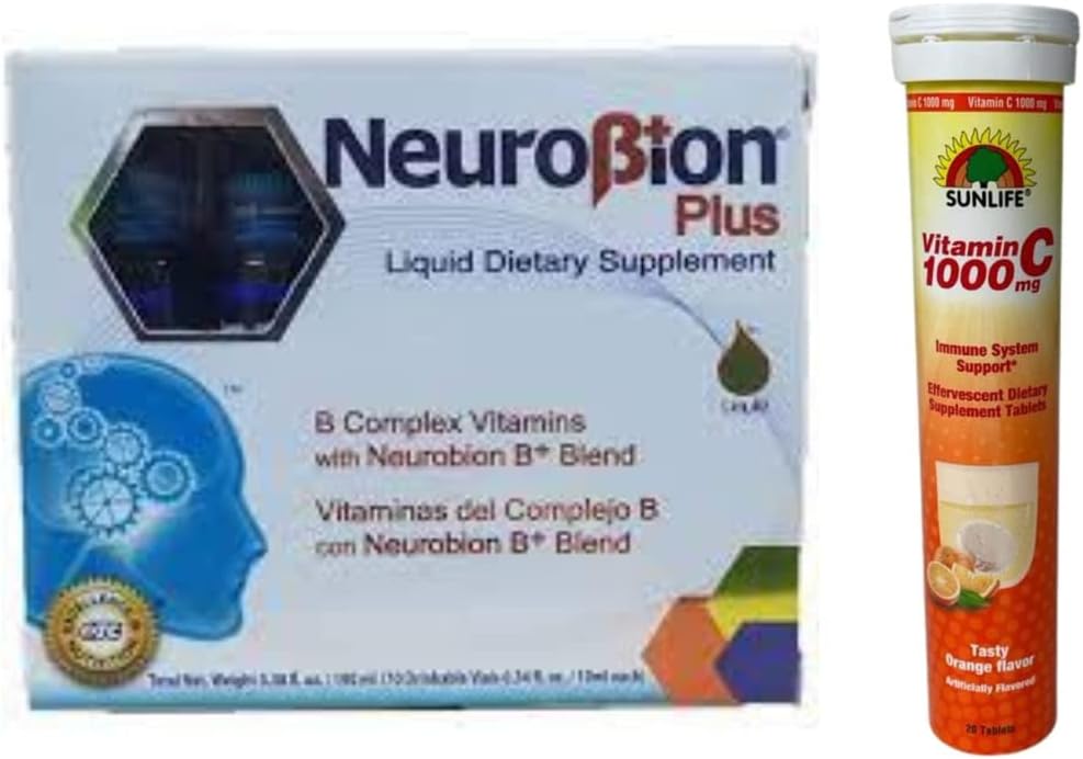 Pack Neurobion Plus Suplemento dietético complejo B 10 Vials + Sunlife Vitamina C 1000 mg 20 tabletas Sabor a naranja