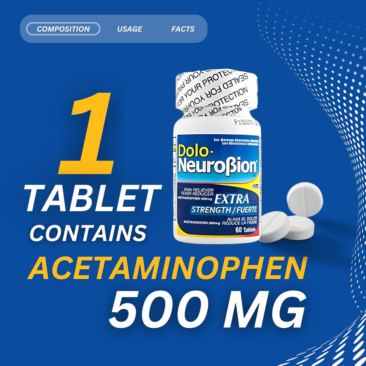 Producto OTC Pharma USA: Dolo Neurobion Extra Fuerte 60 tabletas – acetaminofén 500 mg – USA