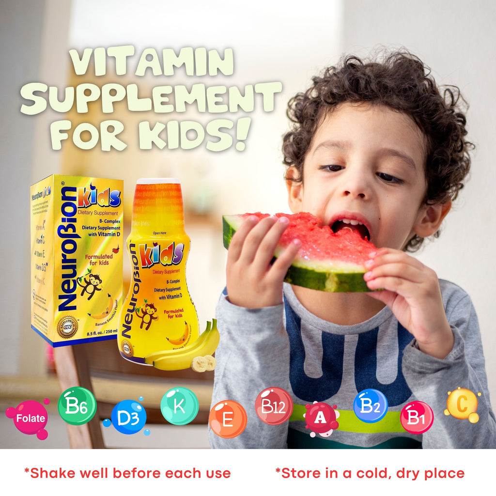 Niño con Neurobion Kids suplemento vitamínico líquido (B-Complex + vitamina D) para niños; agitar antes de usar y guardar en lugar fresco y seco.