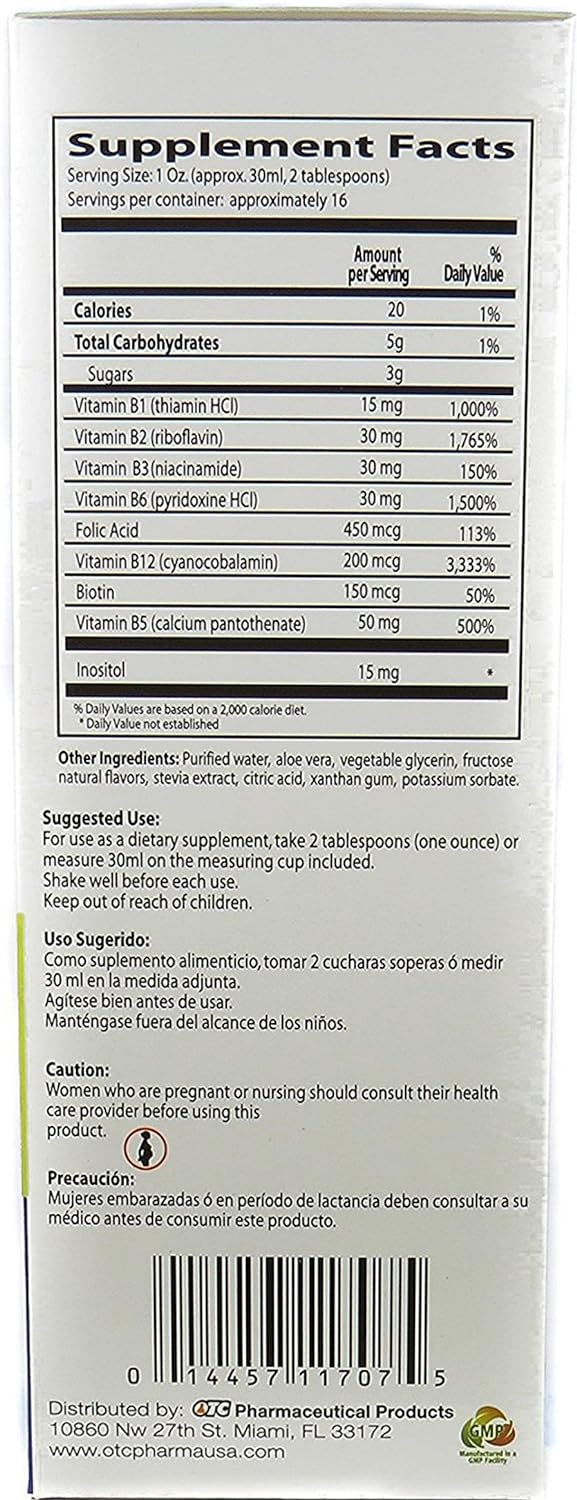 Supplement Facts Neurobion B12 Liquid Complex: vitaminas B (B1 B2 B3 B5 B6 B9 B12) + ácido fólico – 16 oz – USA