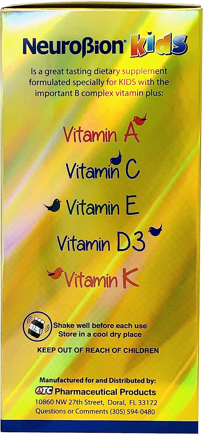 Supplement Facts Neurobion Kids: porción 2 cucharaditas (10 ml), 25 porciones – vitaminas A, D3 y complejo B – USA