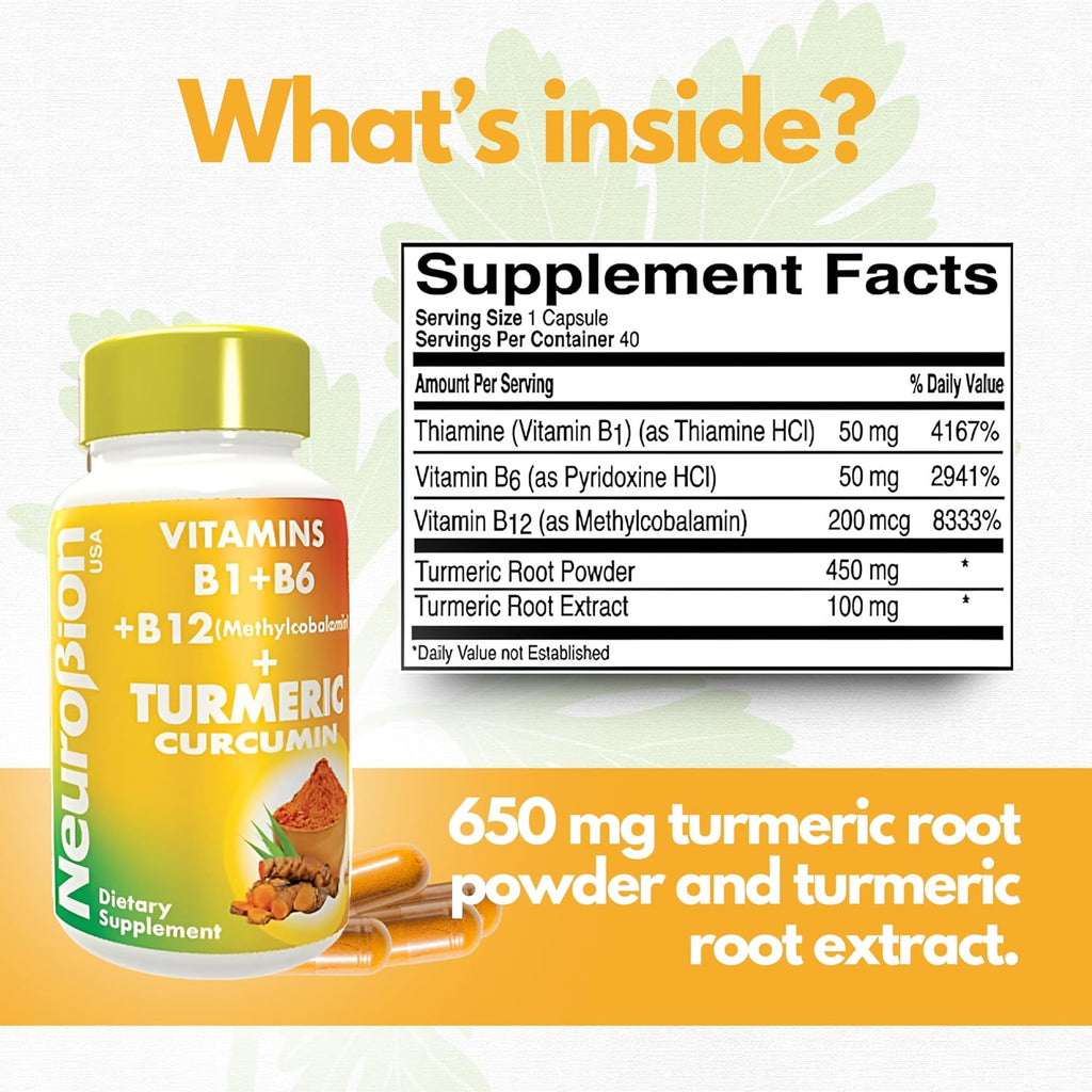 Supplement Facts Neurobion Turmeric + Curcuma: B1, B6, B12 (metilcobalamina) y cúrcuma (polvo + extracto) – USA