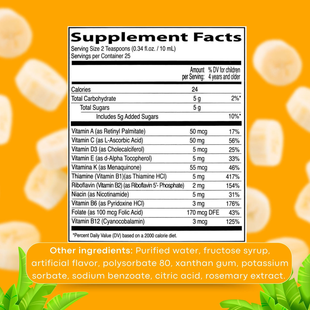 Etiqueta Supplement Facts de Neurobion Kids líquido complejo B con vitamina D y lista de ingredientes; porción 2 cucharaditas (10 mL), 8.5 fl oz.