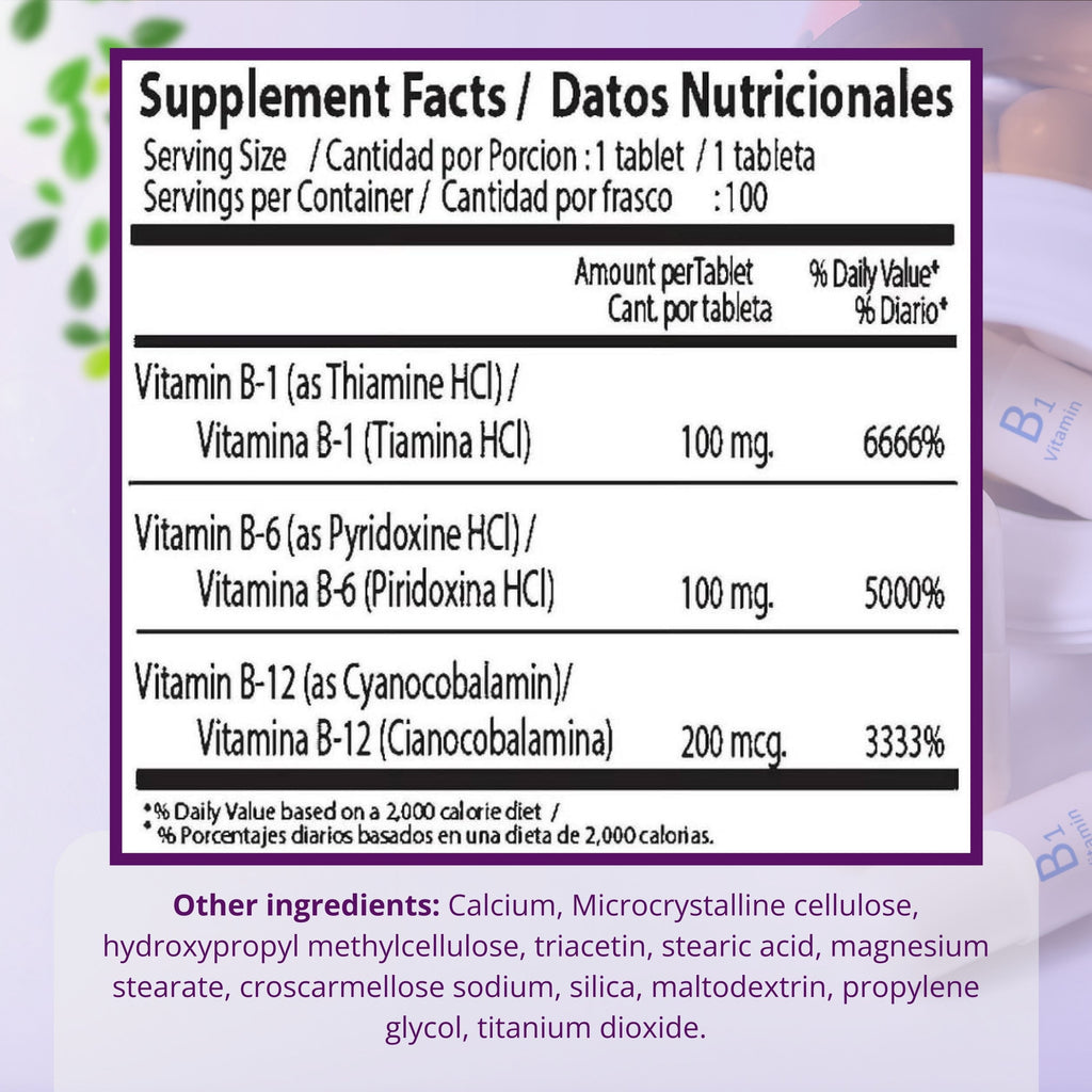 Datos nutricionales (Supplement Facts) de Neurobion Clásico 100 tabletas con vitaminas B1 B6 B12