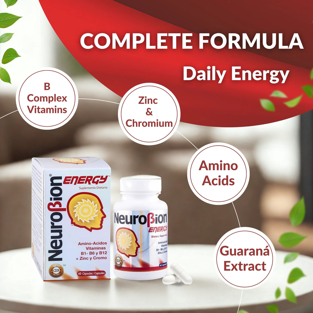 Neurobion Energy 60 cápsulas con vitaminas B, zinc y cromo, aminoácidos y guaraná para apoyo de energía